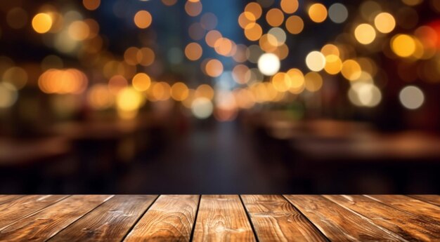 Empty dark wooden table in front of abstract blurred bokeh background of restaurant