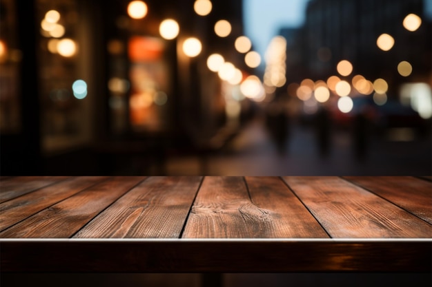 An empty dark wooden table with a restaurant bokeh backdrop