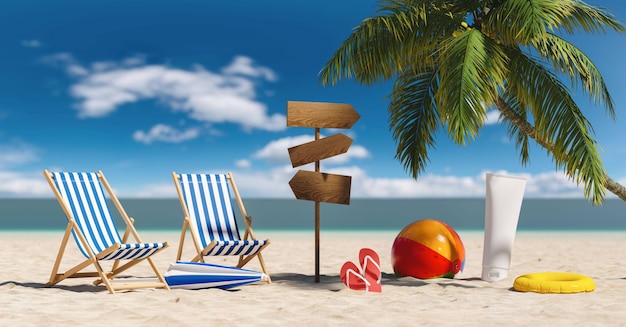 Empty deckchairs with flip-flop sandals, beach umbrella, suncream and signpost,  next to a palm tree at the beach during a summer vacation in the Caribbean