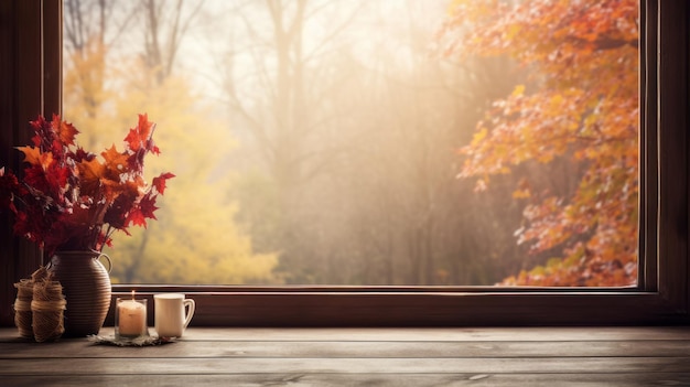 Empty desk with autumn themed window background