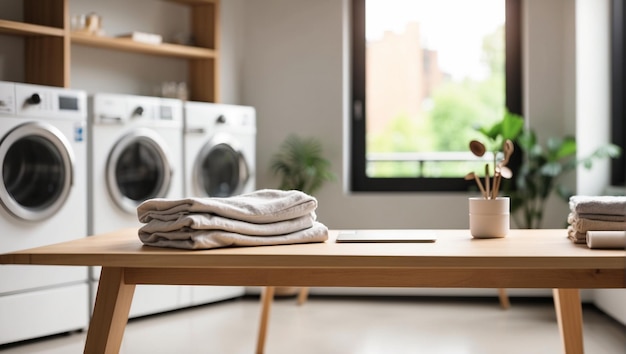 Photo empty desk with blurred background of laundry room