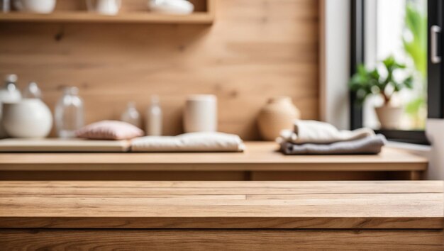 Photo empty desk with blurred background of laundry room