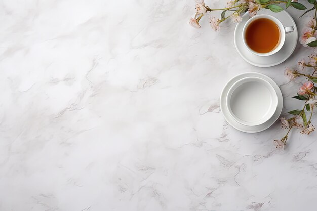 An empty desk with a cup of tea