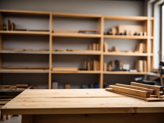 Foto scrivania vuota con sfondo sfocato nello studio di lavorazione del legno con ripiani che contengono pezzi di legno