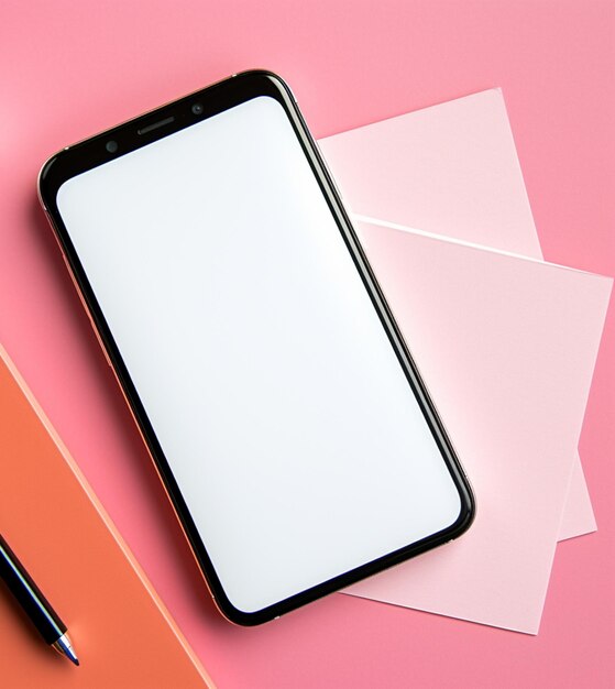 Empty desk with modern computer and pink backdrop generated by AI