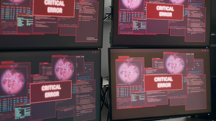 Photo empty desk with multiple monitors showing system crash warning, critical error message flashing on screen. computer displaying security breach alert and hacking warning, computer malfunction.