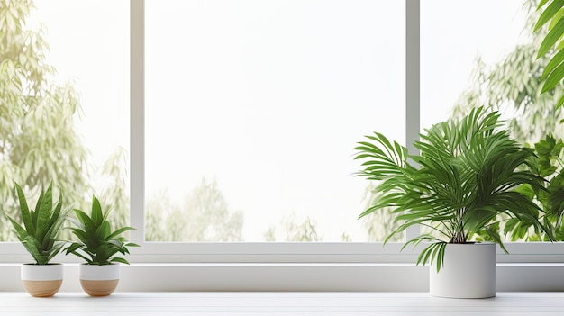 an empty desktop with ample free space adorned with a lush green plant and featuring a spring window flooding the area with natural light