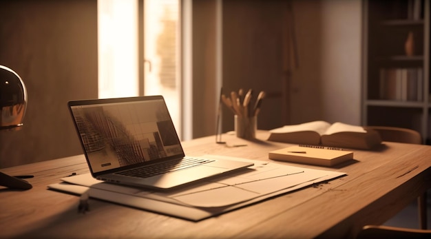 An empty desktop with a laptop and some paperwork on it