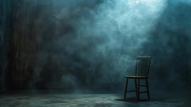 An empty dimly lit workroom featuring only a solitary chair reminiscent of an interrogation room