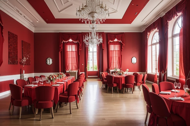 A empty dining room decorated in red fabric