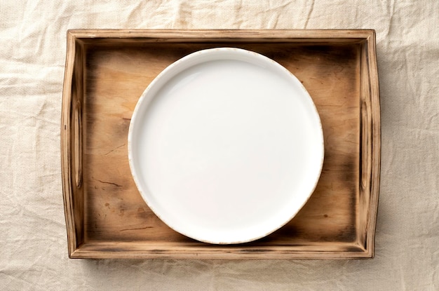 Empty dinner bowls in a wooden serving box