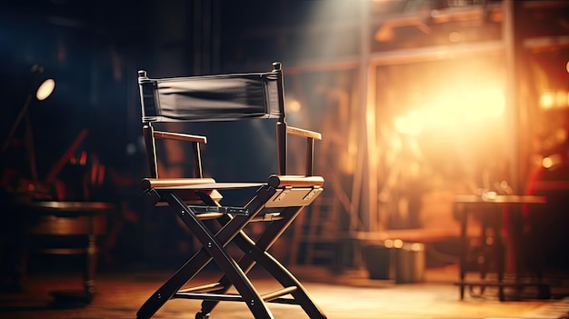 An empty director chair in front of an empty film set Gloomy background The concept of strikes