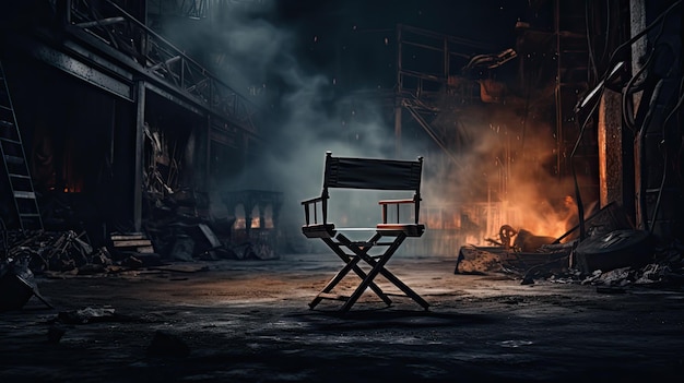 空の映画セットの前にある空の監督の椅子 暗い背景 ストライキの概念