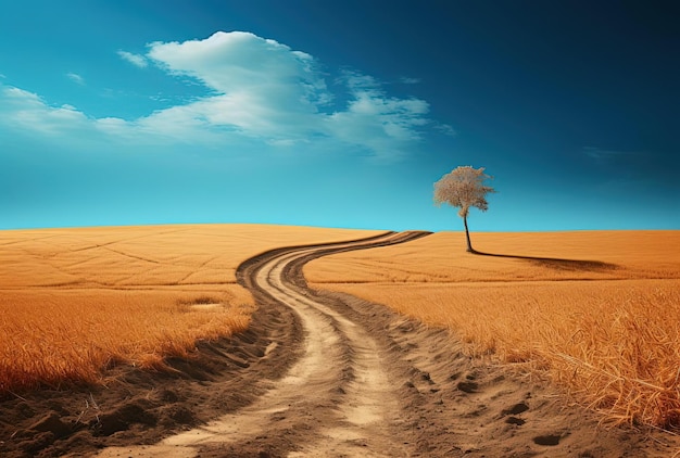 an empty dirt road going across a corn field in the style of orange and azure