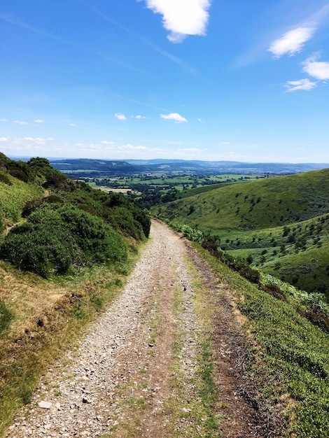 Foto strada di terra vuota su un paesaggio verde contro il cielo blu