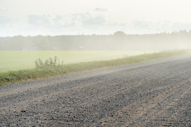 An empty dirt road in the middle of an empty field and forest
the wind blows dust and sand across the field on a dry summer
day