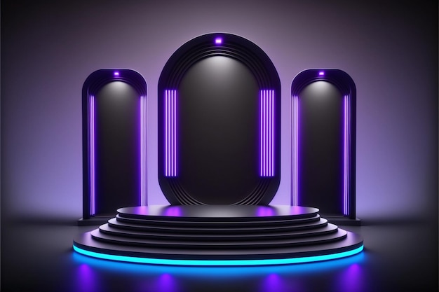 Foto design vuoto del podio del display in forme ovali e cubiche davanti allo sfondo della parete delle linee luminose al neon ultraviolette del laser