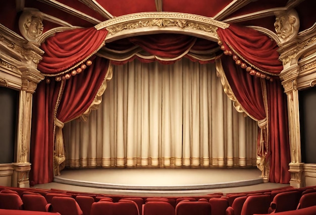 Фото Пустой драматический театр с рядами сидений, расположенных на королевском фоне