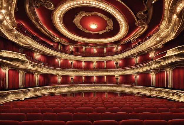 Empty drama theater with rows of seats arranged in a royal background