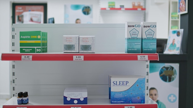 Empty drugstore shelves filled with medical supplies and pills