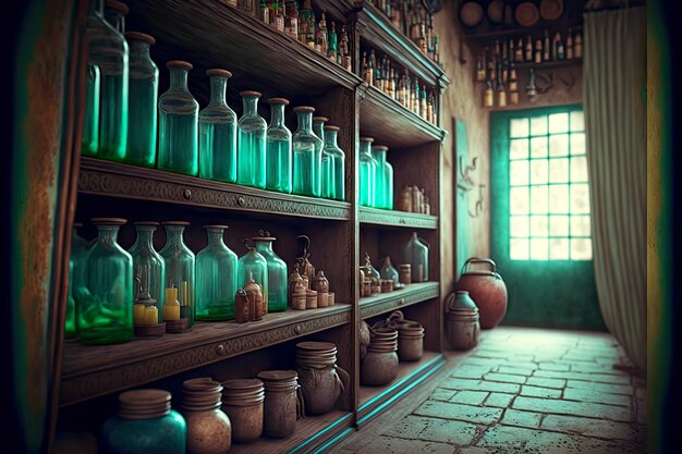 Empty dusty store with jars and bottles on shelves in old middle eastern market