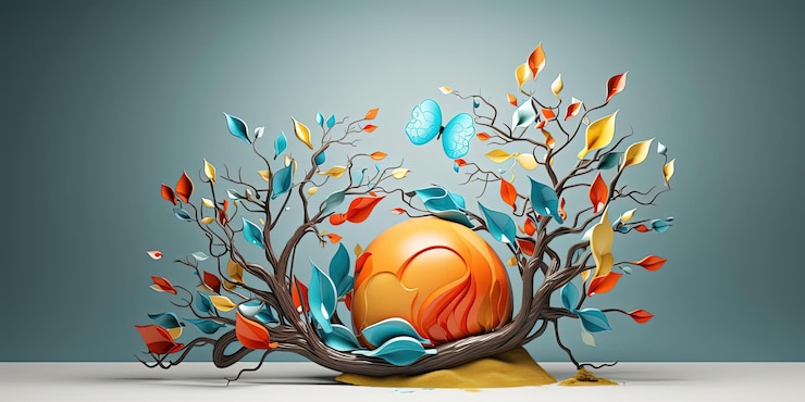 फोटो an empty egg with branches and butterflies on top in the style of colorful biomorphic forms