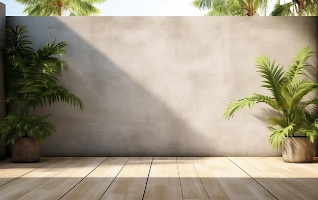 Empty exterior concrete wall with tropical style garden 3d render decorate with tropical style tree