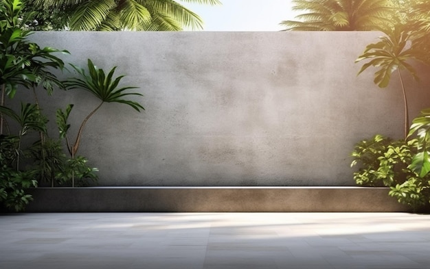 Empty exterior concrete wall with tropical style garden 3d render decorate with tropical style tree