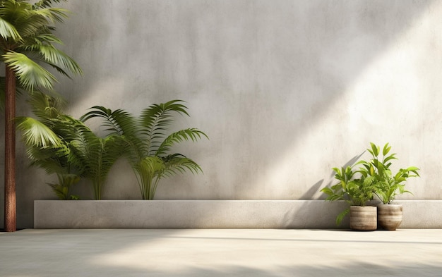 Empty exterior concrete wall with tropical style garden 3d render decorate with tropical style tree