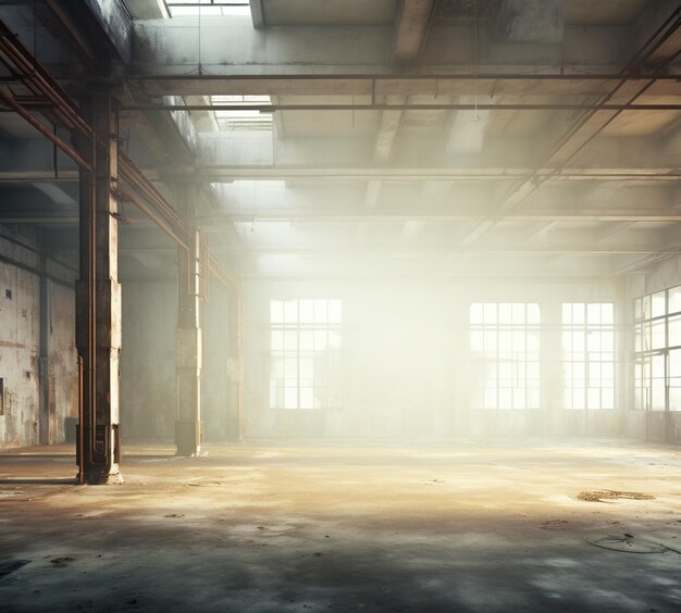 An empty factory building with large windows