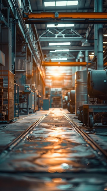 Photo empty factory illuminated by sunlight with railroad tracks in the foreground