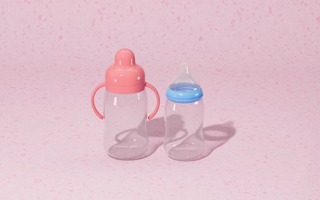 Photo empty feederbottles with pink marble background 3d rendering