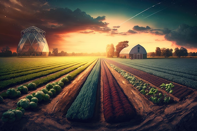 Empty field with vegetable gardens against backdrop of sunset sky created with generative ai