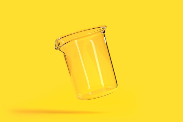 Empty flies beaker on yellow background Chemistry flask Laboratory glassware equipment 3D render