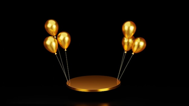 Empty floating gold round pedestal podium with balloon product demonstration or award ceremony 3D rendering