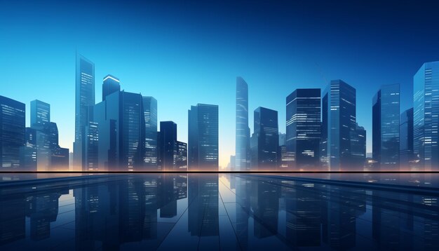 Empty floor and modern city skyline with building at background with copy space