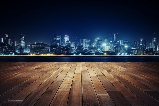 Photo empty floor platform with night view city skyline background