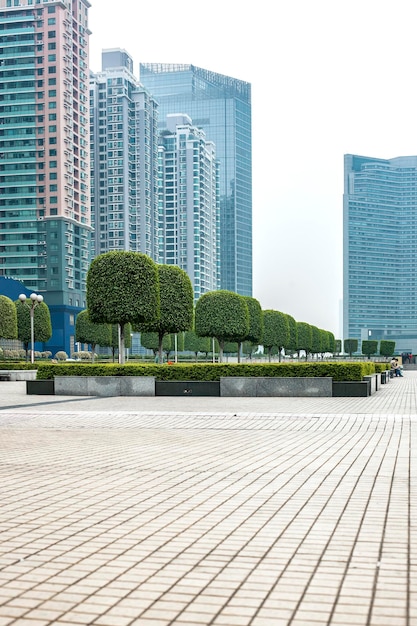 Empty floor with modern business office building