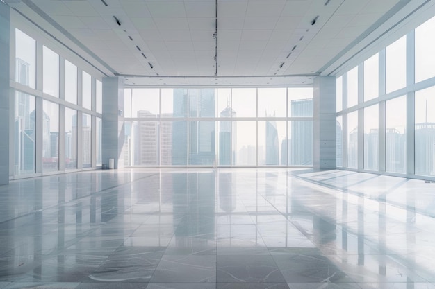 Empty floor with modern skyline and buildings view