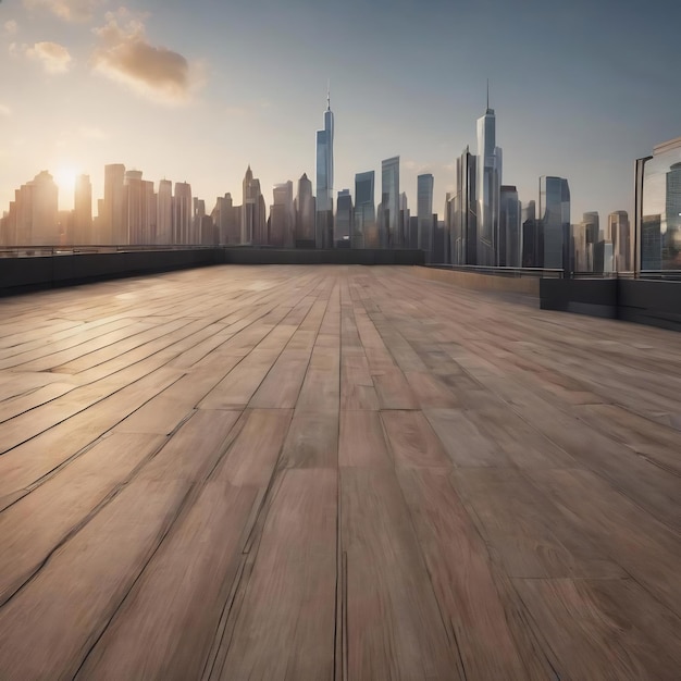 Empty floor with modern skyline and buildings