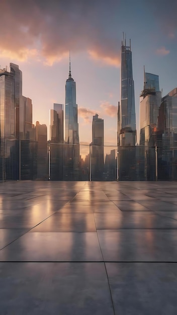 Empty floor with modern skyline and buildings