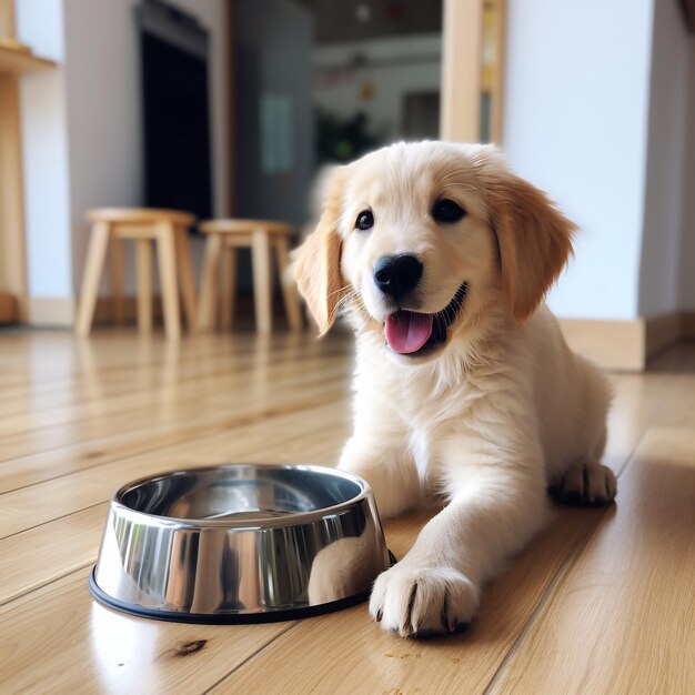 empty food bowl on the floor of the living room and little dog waiting to eat