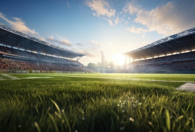 写真 フットボールまたはサッカーの空のスポーツアリーナと芝生のフィールド