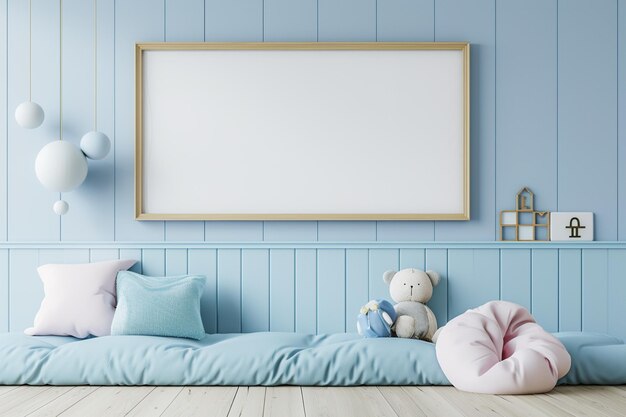 Empty frame for artwork in a cute kids bedroom to create mockup