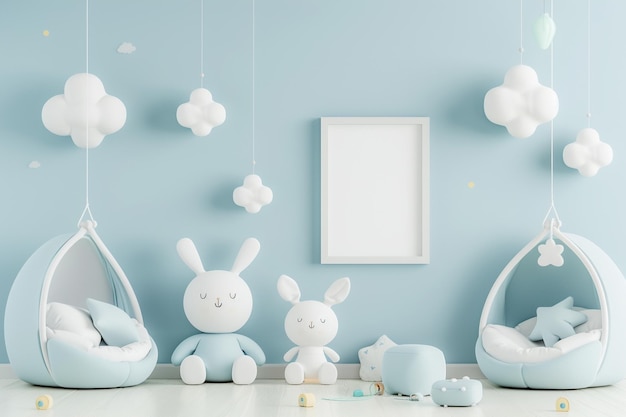 Empty frame for artwork in a cute kids bedroom to create mockup