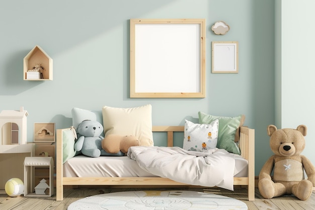 Empty frame for artwork in a cute kids bedroom to create mockup