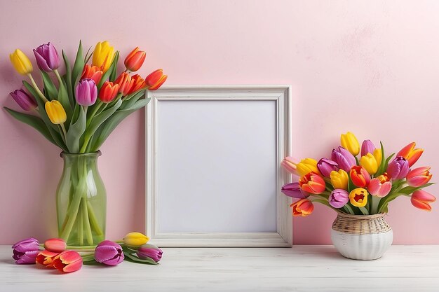 Empty frame and bouquet of colourful tulip flowers