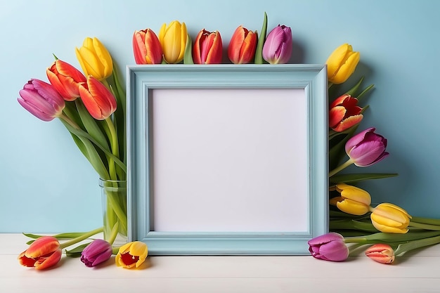 Empty frame and bouquet of colourful tulip flowers