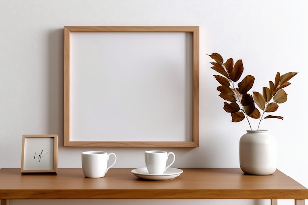 Empty frame and a coffee mug on a table in the style of anticlutter minimalist designs
