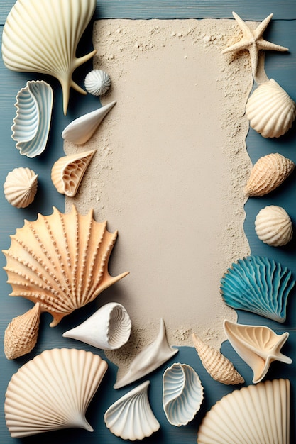 Empty frame made from seashells for banner or design